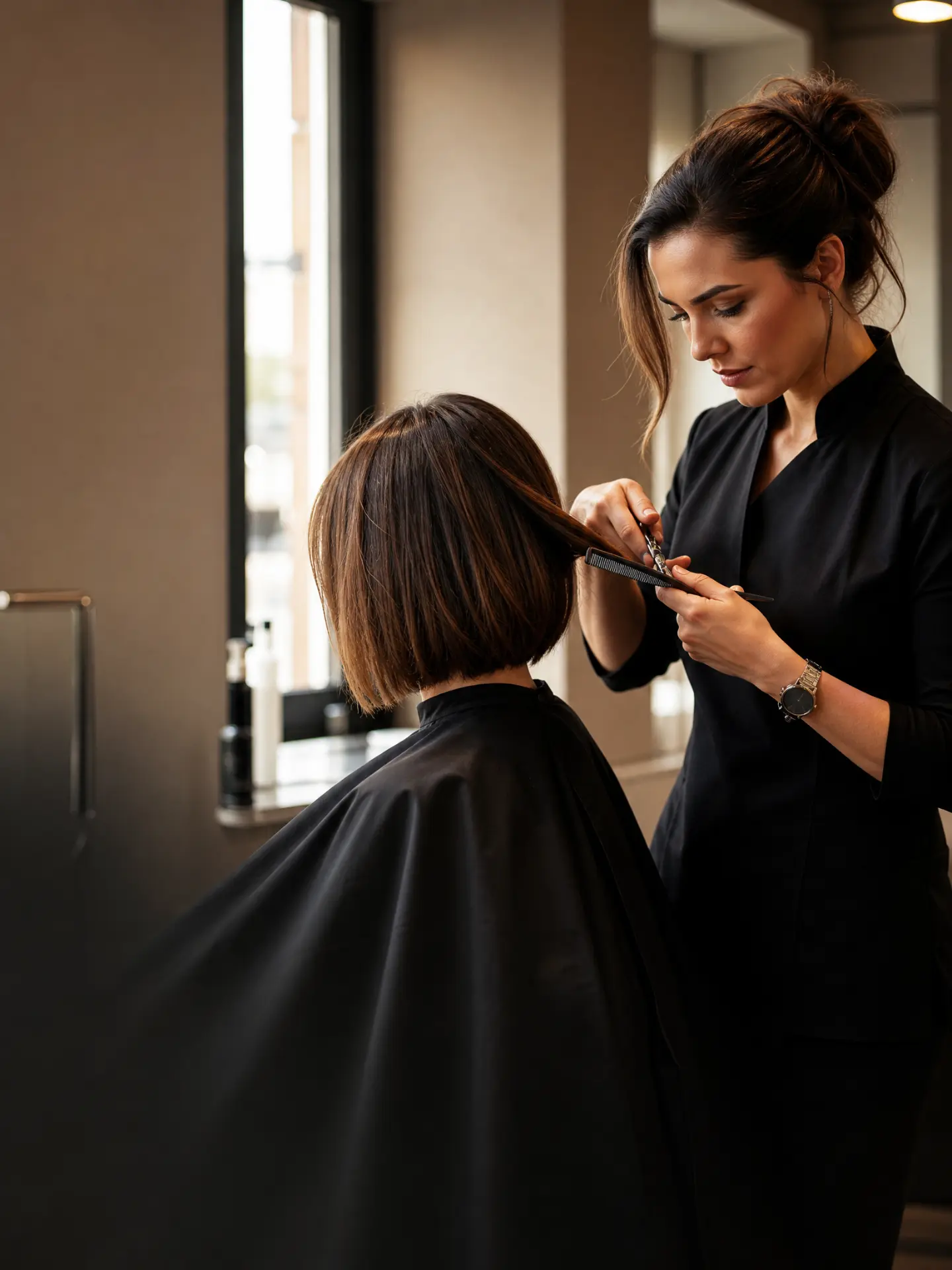 A stylist finishing a precision cut in the academy salon